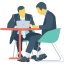 An illustration of 2 persons sitting on a table with a laptop